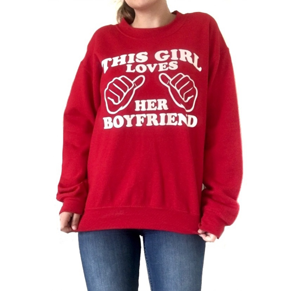 This Girl Loves Her Boyfriend Printed Red Oversized Crewneck Long Sleeve Sweater